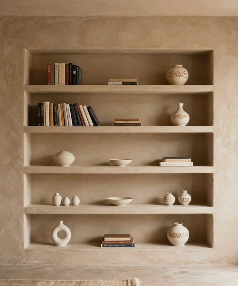 Professional photography of a minimalist drywall bookshelf integrated into a living room wall. Painted in a soft tan color, decorated with ceramic art. South American architectural style.