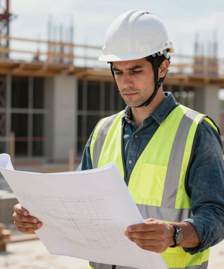 Portrait of a professional engineer in high-visibility gear and a white helmet, looking confidently over a blueprint in a modern South American construction site.