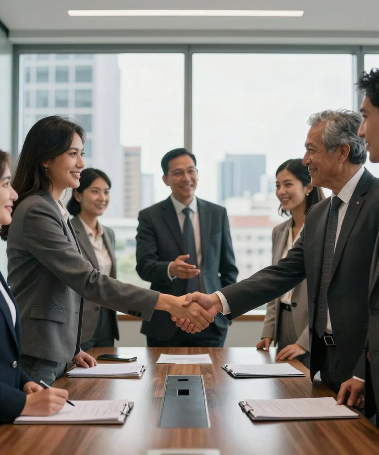 A group of diverse South American professionals in business attire shaking hands in a modern boardroom with windows looking out over a city.