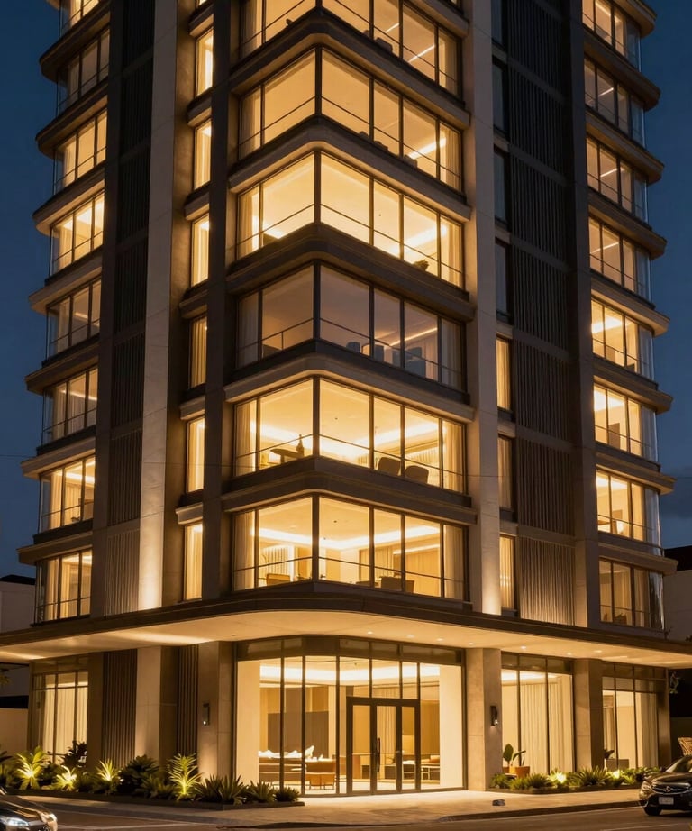 Exterior night shot of a high-end South American apartment building with floor-to-ceiling windows and golden interior lighting, emphasizing exclusivity.