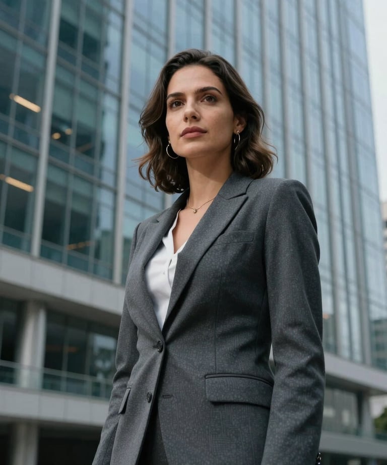 Portrait of a female professional architect in a dark grey blazer, standing in front of a modern glass building in Brazil.