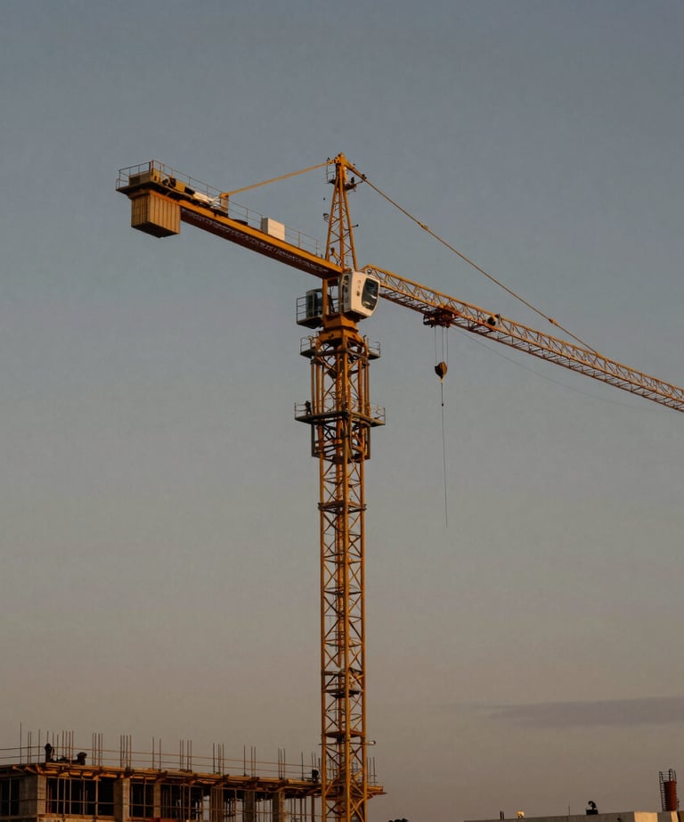 Professional photography of a construction site featuring a massive gold-painted crane against a graphite grey sunset sky.