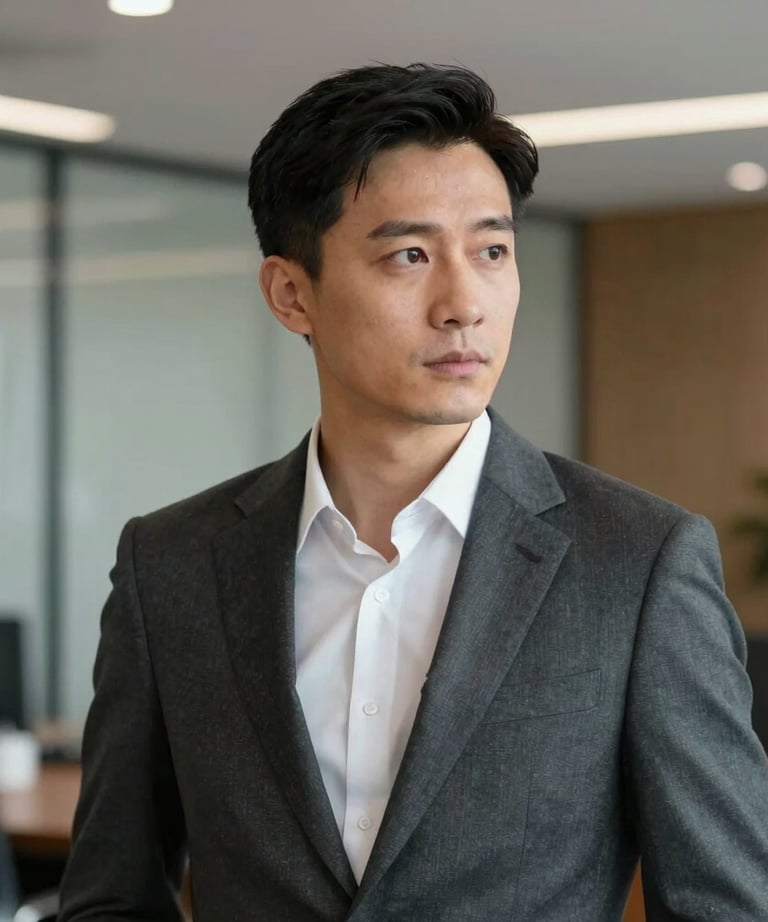 Portrait of a male professional in a dark grey suit and white shirt, looking strategically into the distance in a sophisticated office setting.