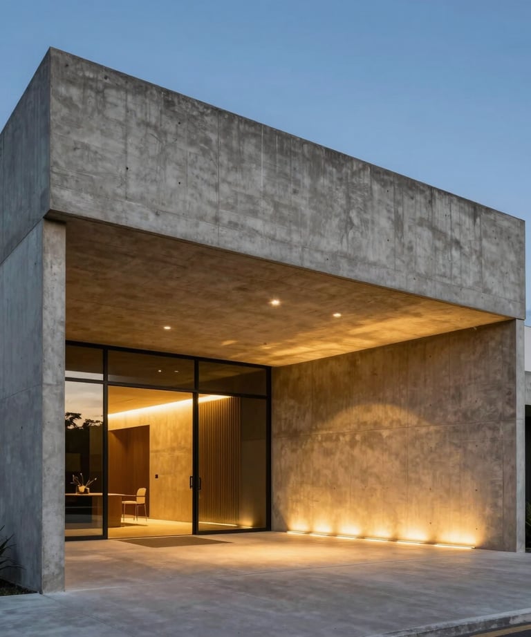 Architectural photography of a minimalist concrete building entrance in Brazil, with sleek lines and golden accent lighting during the blue hour.