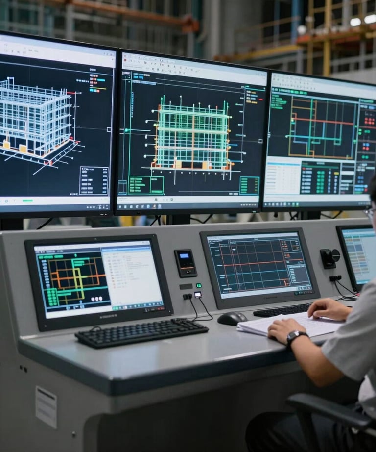 A high-tech control room on a construction site with screens showing building blueprints and metrics, reflecting technological advancement.