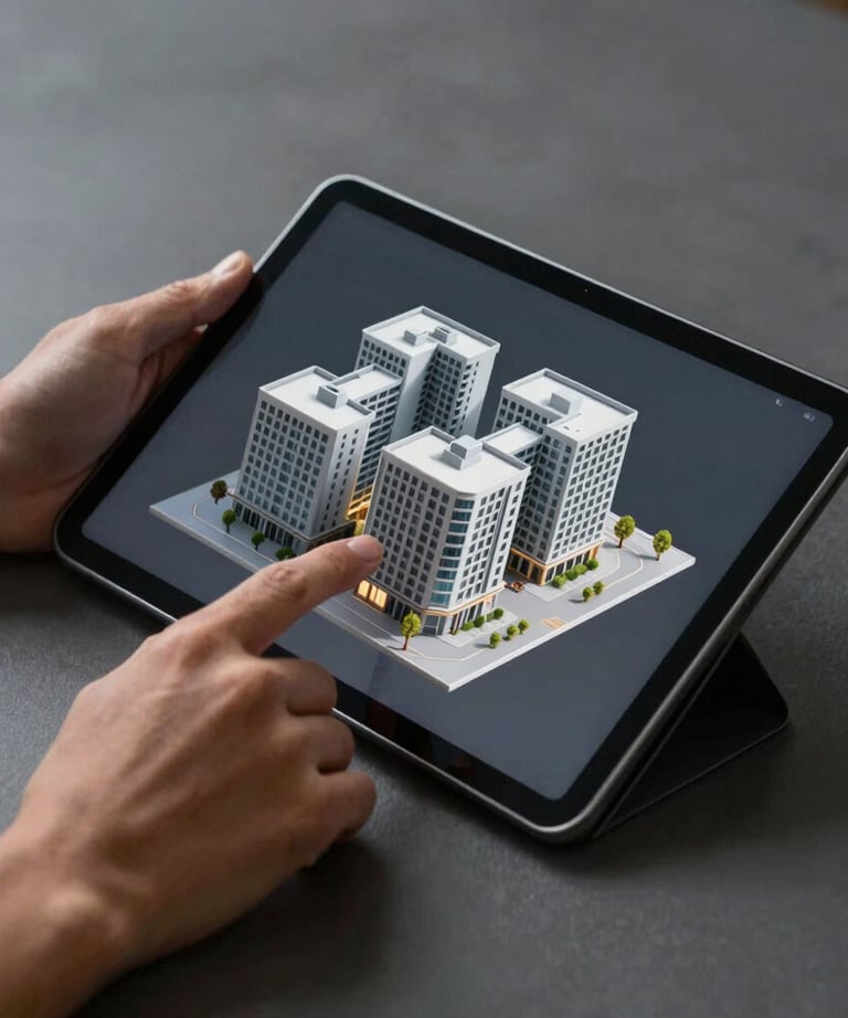 Close-up of hands reviewing a digital tablet with a 3D building model, with a graphite grey background and warm accent lighting.