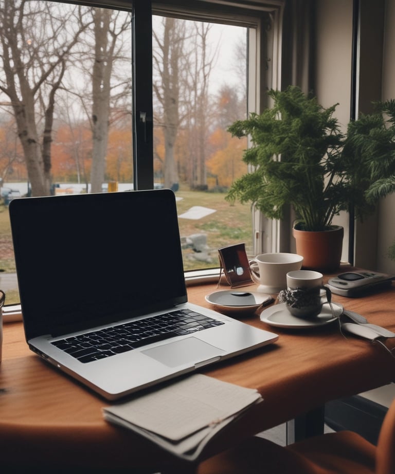 A cozy workspace with headphones, a laptop, and audio editing software open.