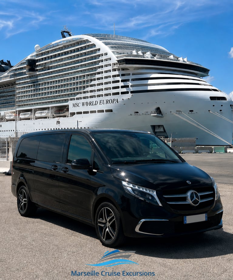 Black Mercedes van parked at a port for Marseille cruise excursions with the MSC World Europa ship behind.