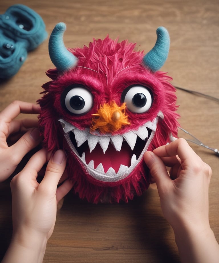 An artist’s workspace filled with needle craft tools, yarn, and a puppet in progress under warm lighting.
