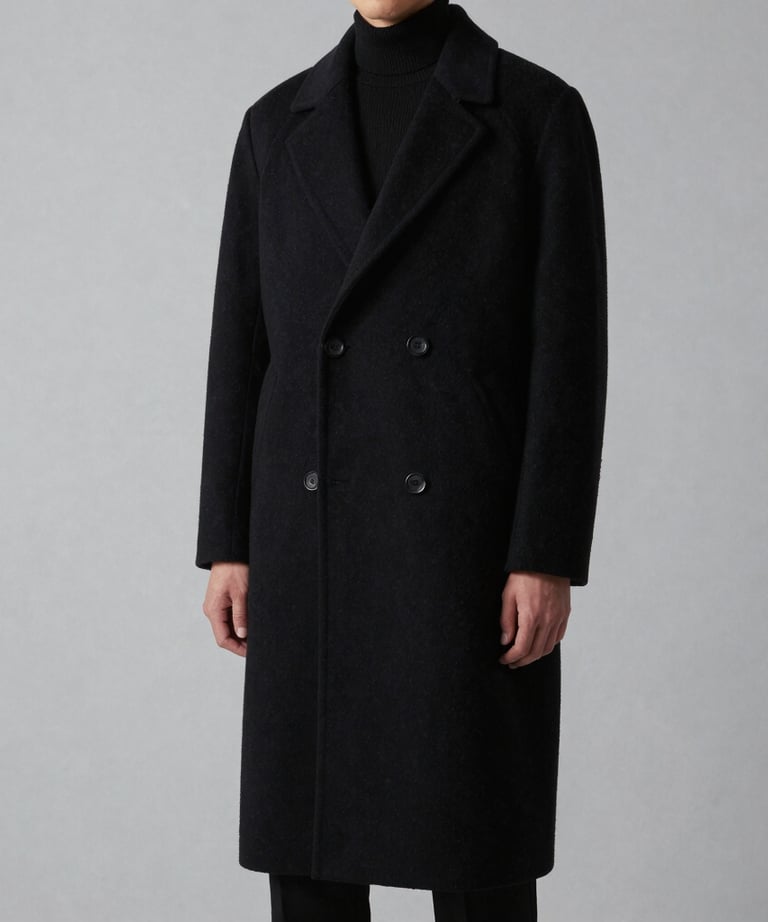 A minimalist fashion editorial shot of a person in a tailored black wool coat standing against a stark light grey wall. High contrast, sharp focus, desaturated palette. Western European / International style.