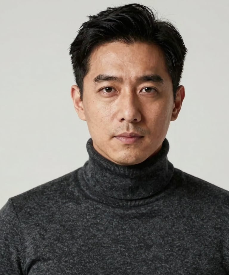 Portrait of a professional man in a dark grey turtleneck against a soft white background. Soft lighting, calm and authoritative expression. International creative look.