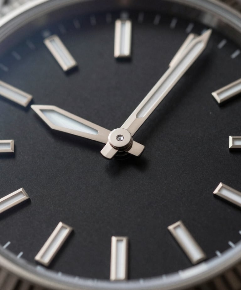A macro shot of a luxury watch dial with a black face and brushed silver indices. Sharp, precise, and authoritative. Desaturated palette.