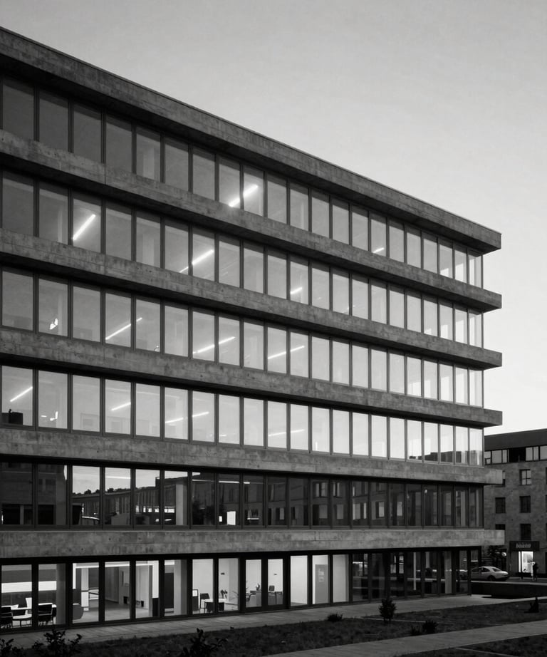 A black and white photography of a minimalist concrete office building during twilight. Sharp horizontal lines, glowing windows. Western European city.