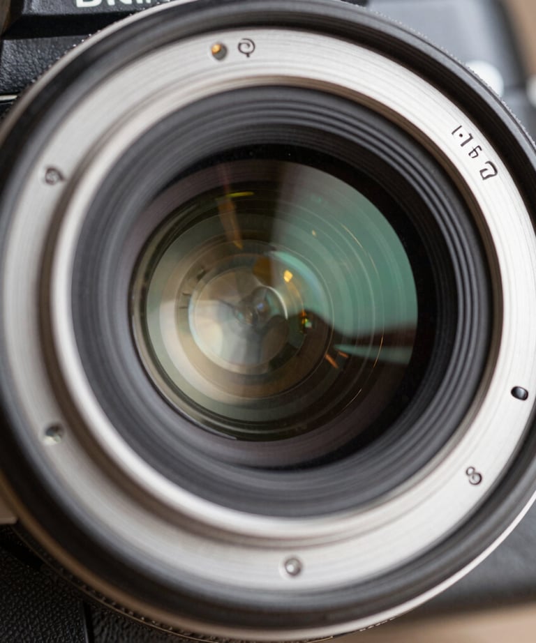 A macro shot of a camera lens showing the internal glass elements and brushed silver body. High-end engineered feel, industrial precision.