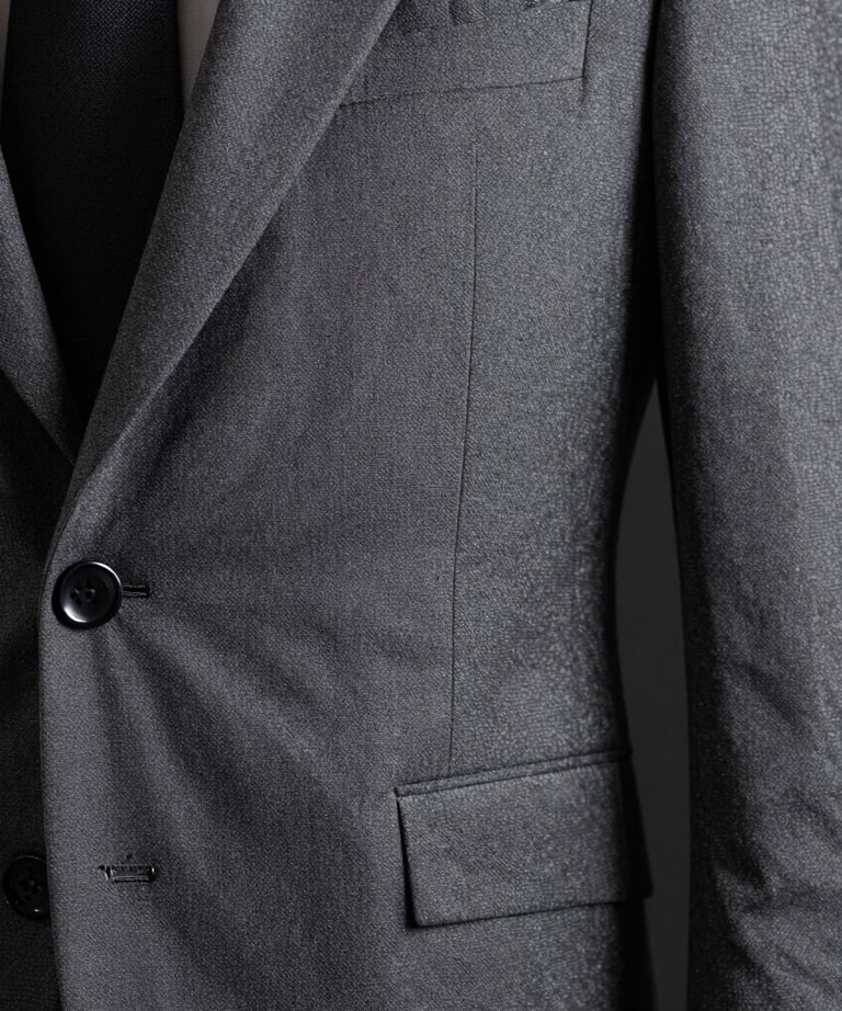 Detail of a tailored grey suit fabric against a dark background. High resolution texture, professional and premium feel. Desaturated tones.
