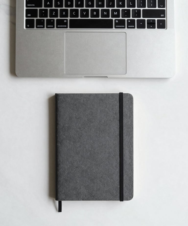 Top-down shot of a minimalist workspace with a single brushed silver laptop and a charcoal grey notebook on a white marble desk. Perfectly aligned, zero clutter. International aesthetic.