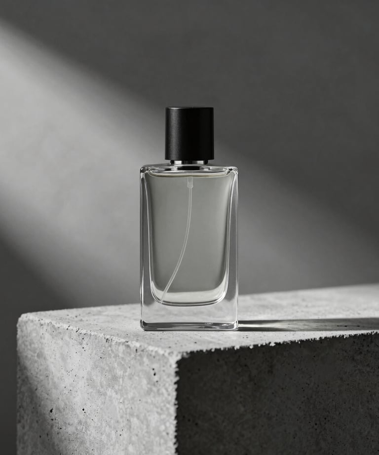 A minimalist perfume bottle standing on a raw concrete pedestal. Sharp lighting creates dramatic shadows. Monochrome palette. Industrial luxury aesthetic.