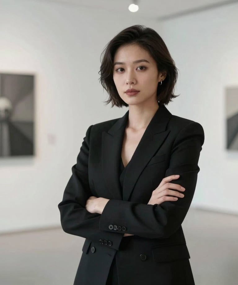 Portrait of a professional woman in a sleek black blazer, arms crossed, standing in a bright minimalist gallery. High contrast, desaturated.
