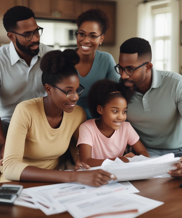 Close-up of hands organizing tax forms and calculator on a wooden desk.