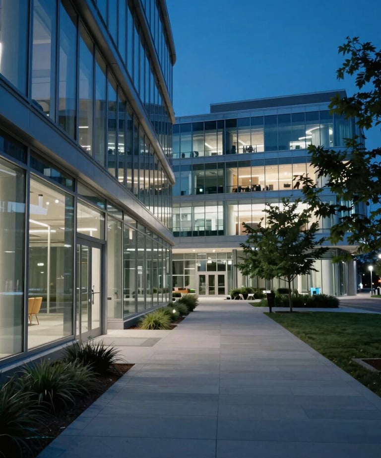Cinematic photography of a North American tech campus walkway, featuring glass buildings and crisp, vibrant blue lighting at night.