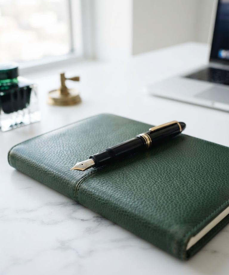 Editorial macro photograph of a high-end executive workspace, a classic fountain pen resting on a leather notebook, bright natural daylight, clean white spaces, muted gold and deep green accents, 50mm lens.