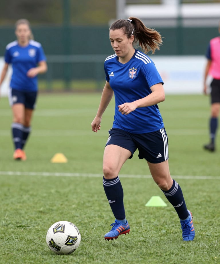 Close-up of a white British woman tying her football boots on an astro turf pitch, ready to play.