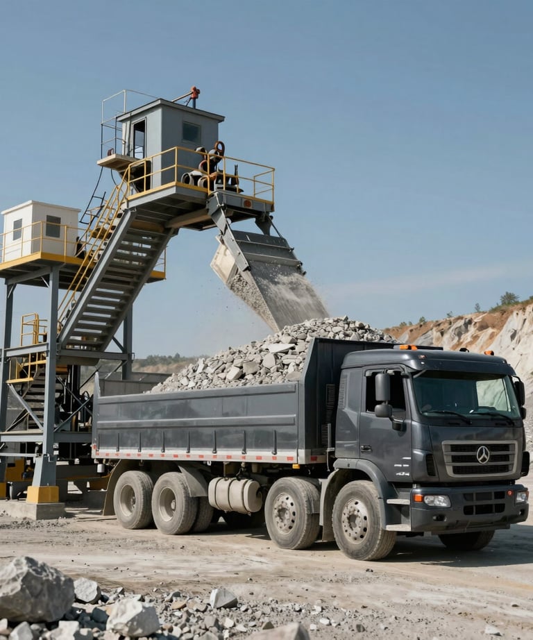 Photography of an industrial weighing station at a quarry, with a dark charcoal truck being loaded with light gray crushed aggregate under clear North American skies.