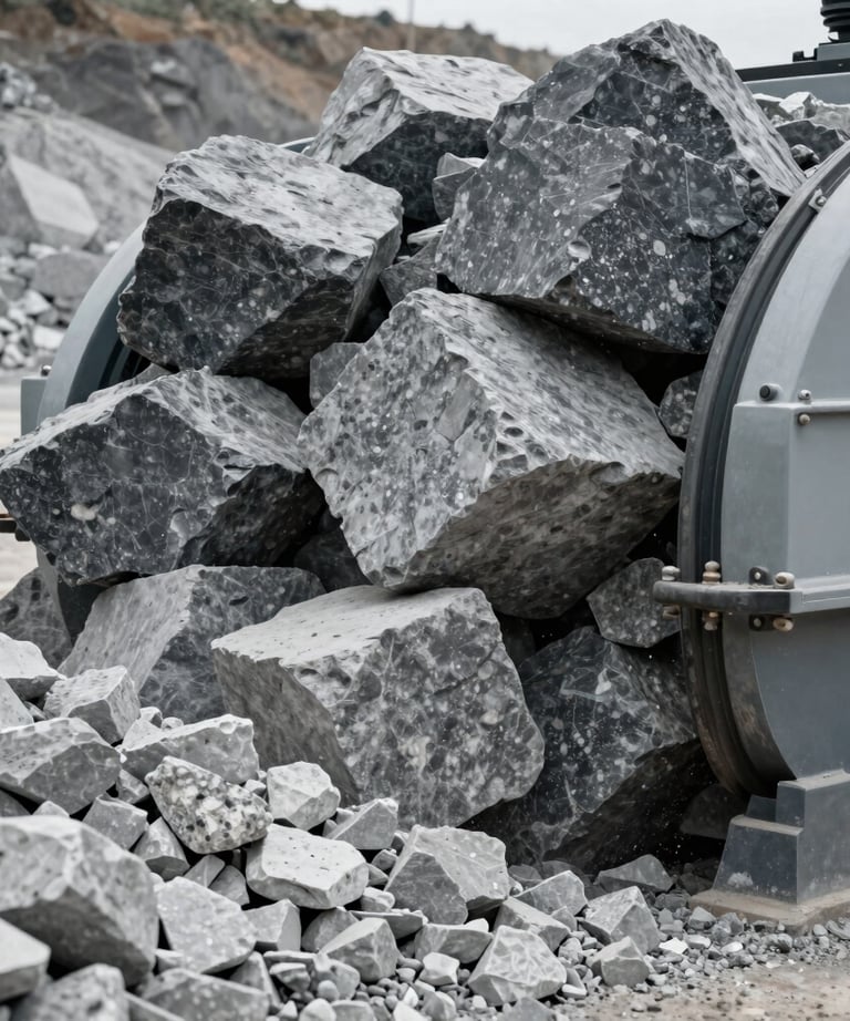 A close-up of a large-scale industrial rock crusher at a quarry, processing large dark gray granite blocks into light gray gravel.