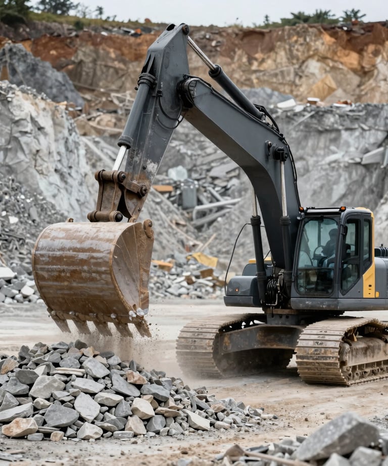 Action shot of a dark charcoal excavator bucket scooping up light gray stone aggregates in a North American quarry.