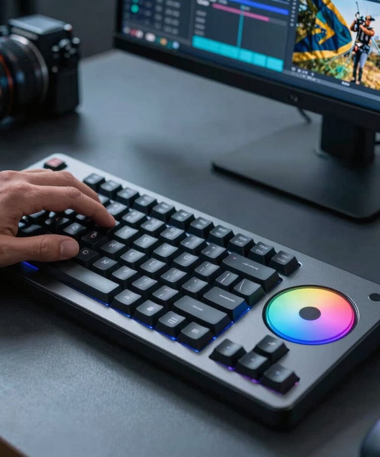 A professional video editor's hands working on a sleek mechanical keyboard and color wheel. The lighting is moody slate blue. A Brazilian film set still is on screen.