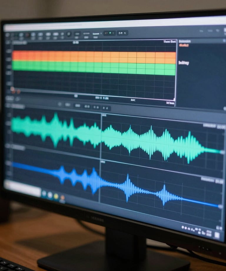 A close-up photograph of a professional monitor displaying a color spectrum and waveform monitors. Sharp focus, cinematic slate blue tones.