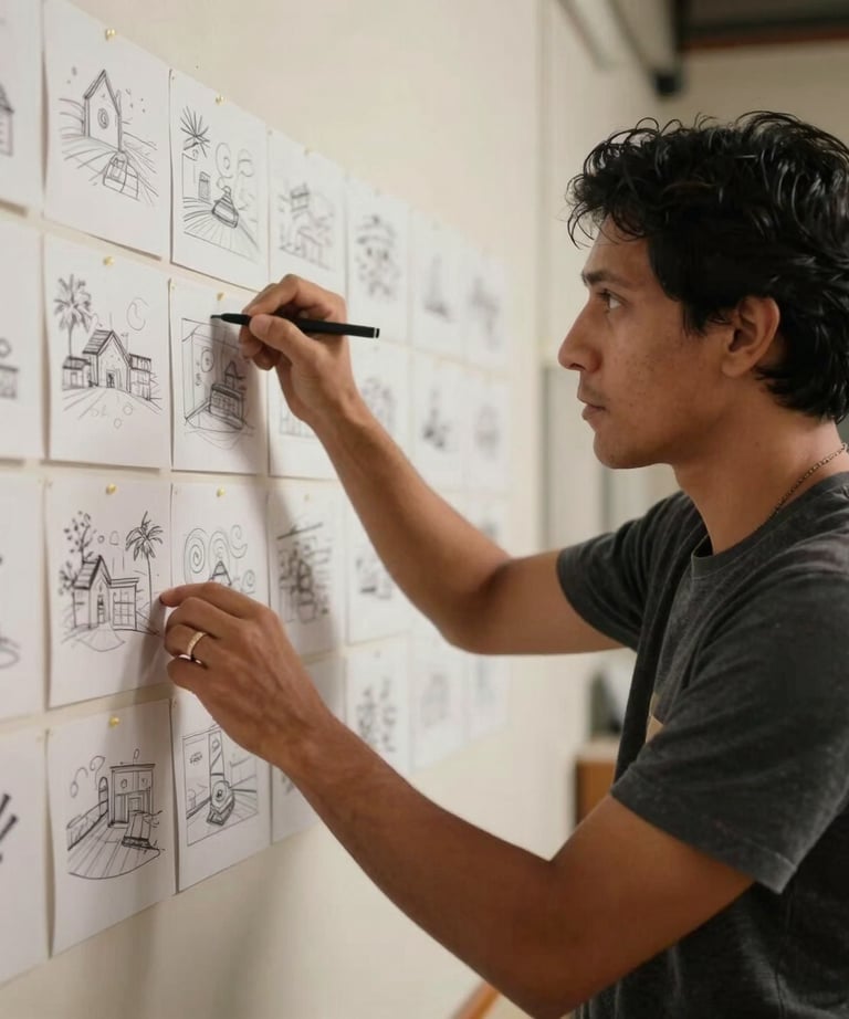 Portrait of a creative technician in a South American film studio, looking at a wall of storyboard sketches under warm, cinematic lighting. Professional and inspired look.
