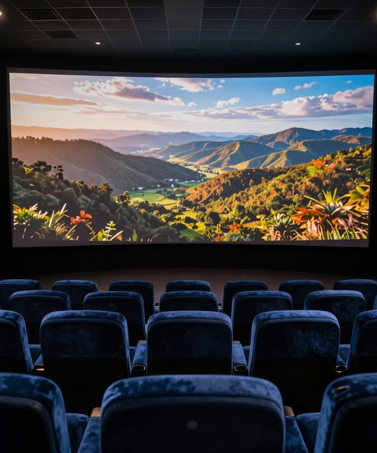 Wide shot of a cinematic screening room in a Brazilian studio, with dark blue velvet seats and a large screen glowing with a rich landscape scene.