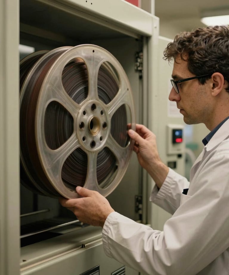 A technician checking a master film reel in a temperature-controlled vault. Cinematic lighting with sand-colored highlights.