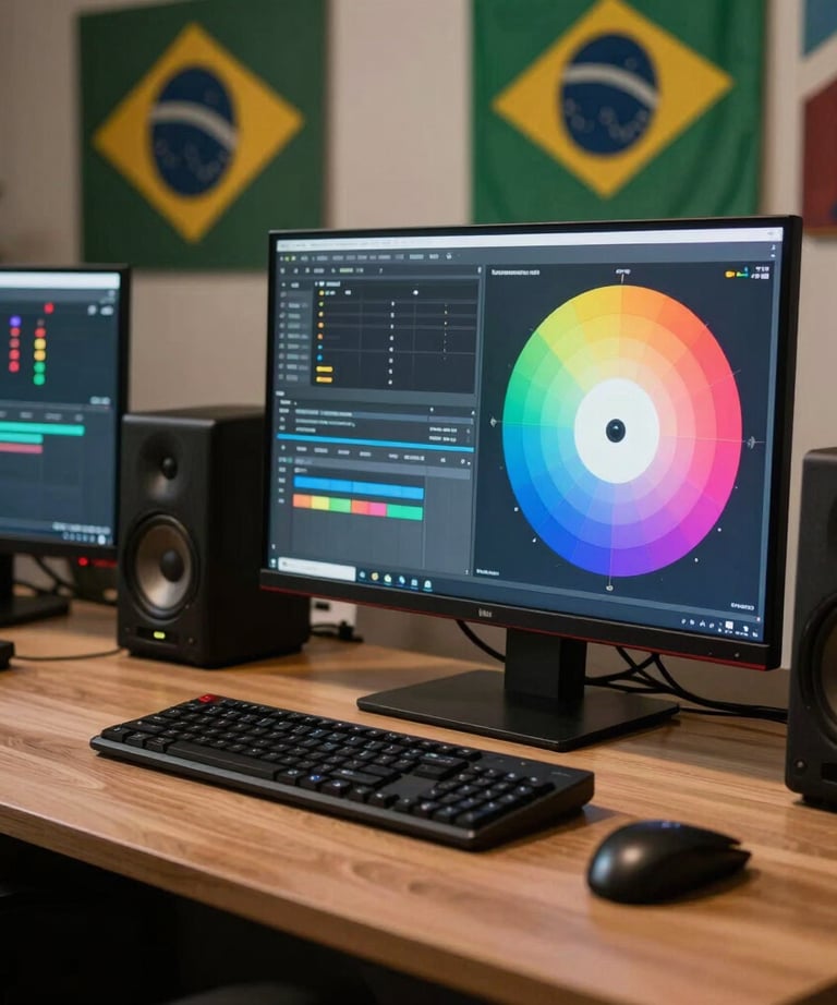 An editor's desk with multiple monitors, speakers, and a large color grading wheel. Brazilian artwork on the walls behind. Cinematic mood.