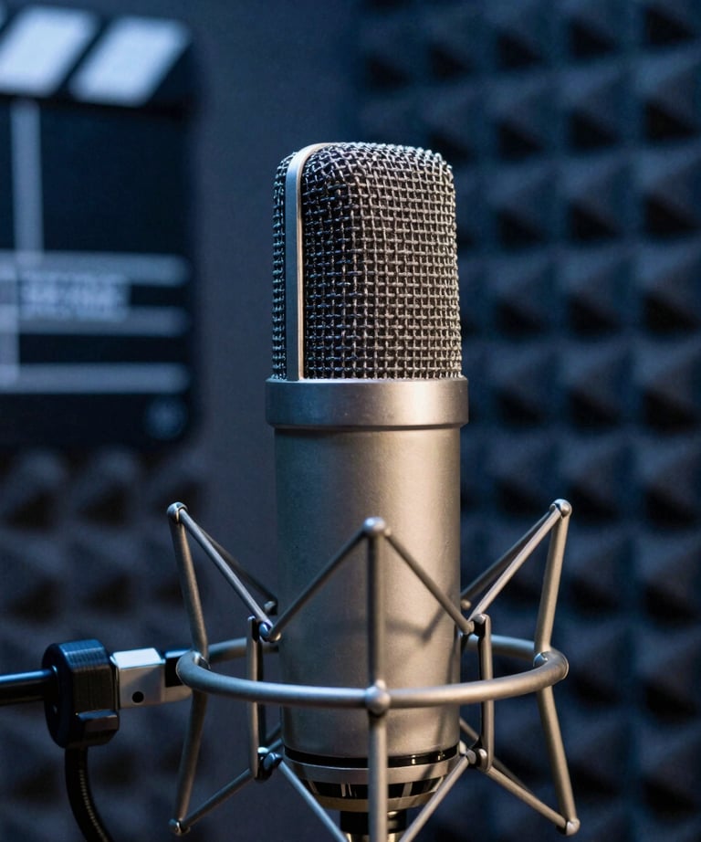 Close-up of a studio microphone in a soundproof booth. Soft focus on acoustic foam in the background. Cinematic slate blue lighting.