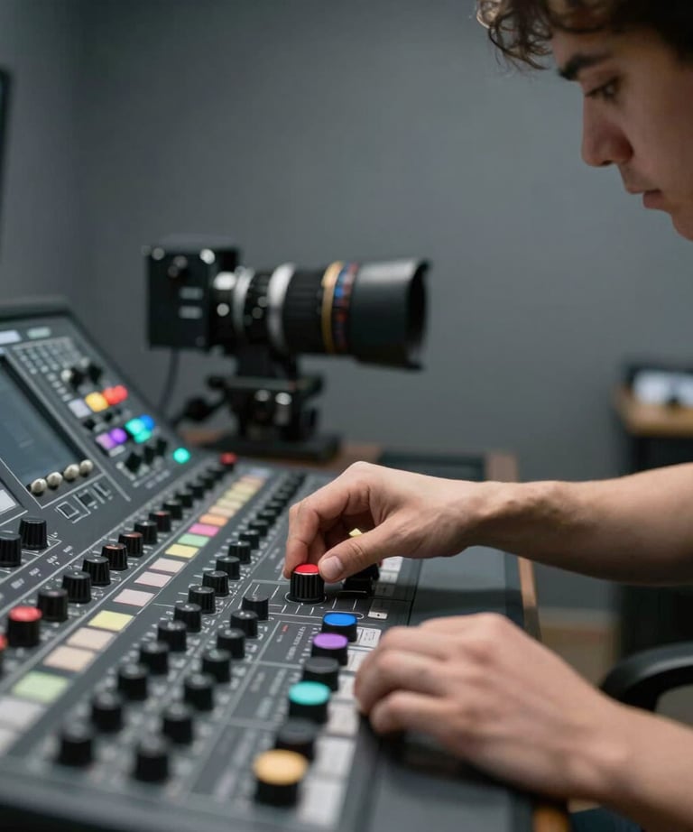 A professional colorist adjusting a dial on a control surface. Dark room with accurate gray walls. Focused atmosphere.