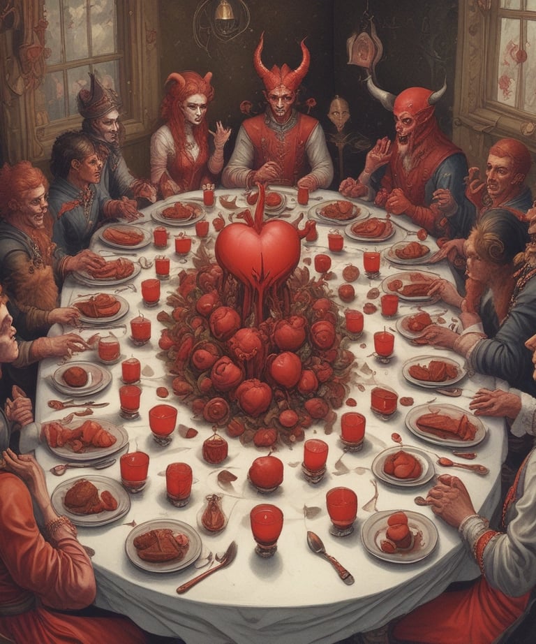 Close-up of a dark, ornate plate filled with rich, sin-inspired dishes under flickering candlelight.