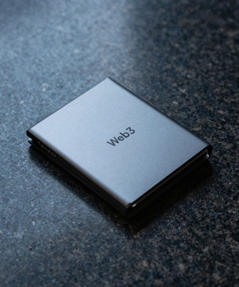 A minimalist photo of a sleek digital hardware wallet on a dark granite surface. Lighting creates soft sky blue shadows. Symbolizes Web3 and financial security.