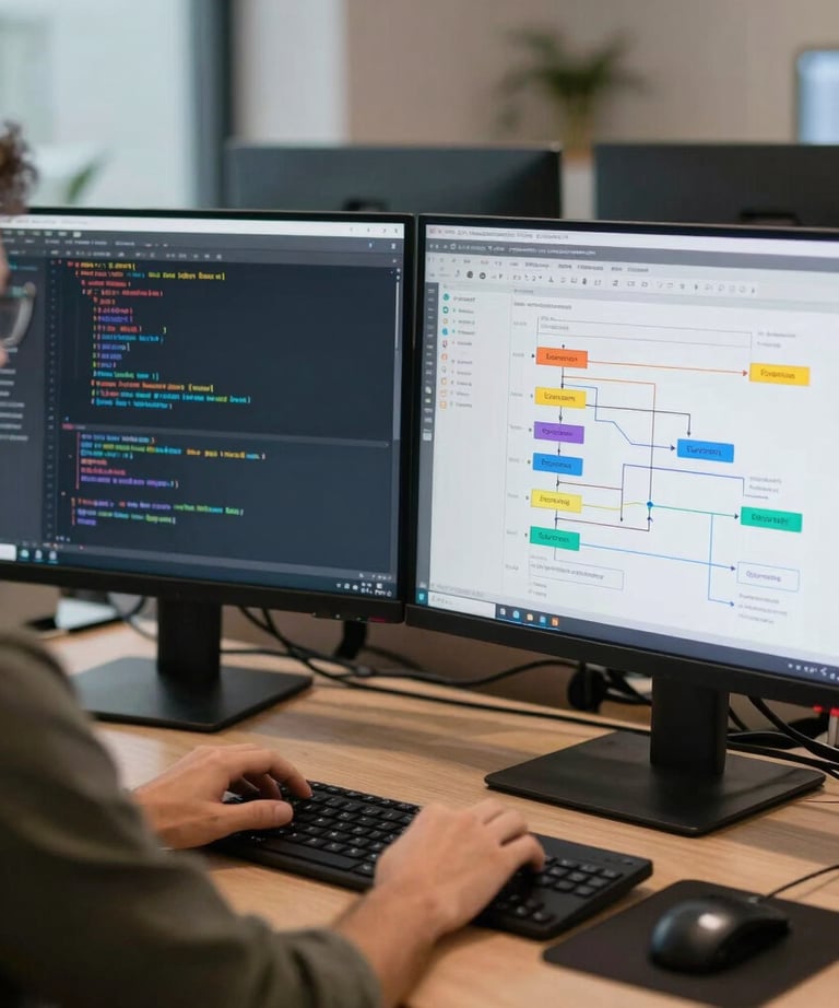 A crisp, professional photo of a Brazilian software engineer working in a modern environment with multiple screens. One screen shows complex code, the other a roadmap.