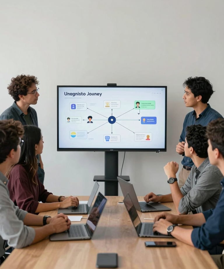 A photography of a brainstorming session in a minimalist office. A diverse group of South American professionals are looking at a screen showing a user journey map.