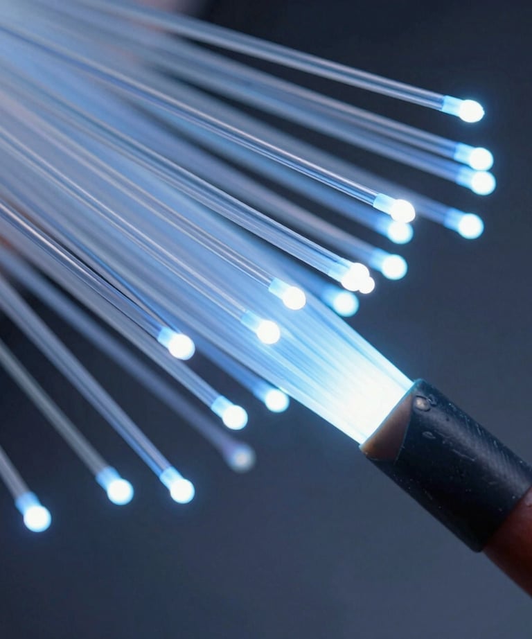 Abstract macro photography of fiber optic cables glowing with soft sky blue light, representing high-speed financial data and connectivity. Clean composition, professional lighting.