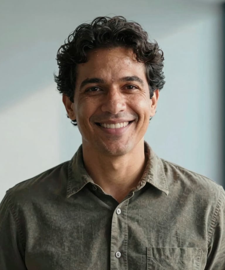 Portrait of a Brazilian professional mentor in a modern studio setting, with warm natural light and a clean, light blue background. Professional and empathetic look.