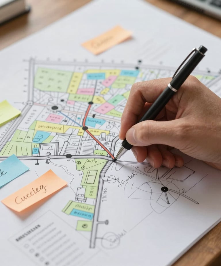 A close-up of a person's hand sketching a Story Map on a large paper sheet. The focus is on the movement and the colorful notes. Natural, bright lighting.