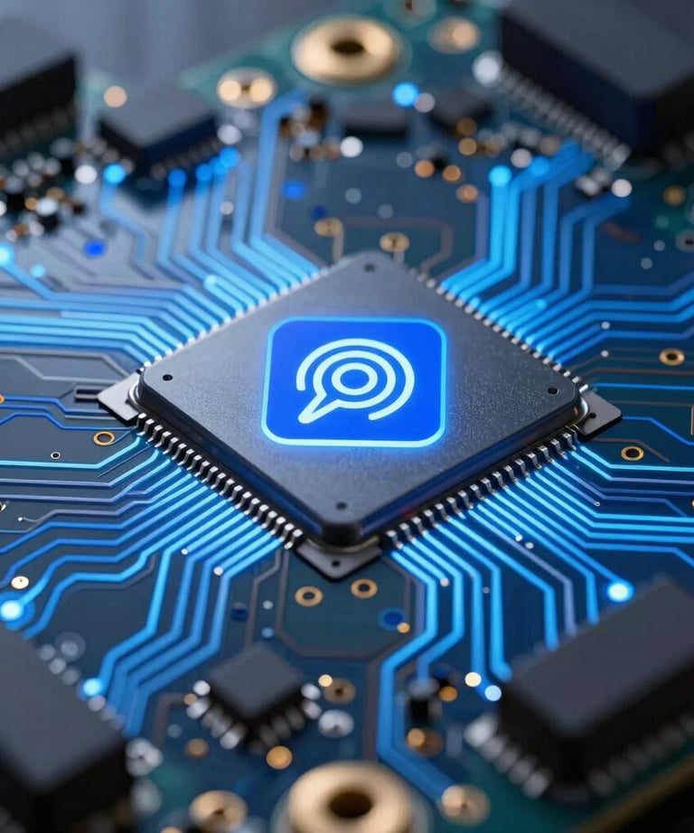 Macro photography of a high-tech circuit board with light trails in sky blue and royal blue, representing advanced digital infrastructure and smart contracts.