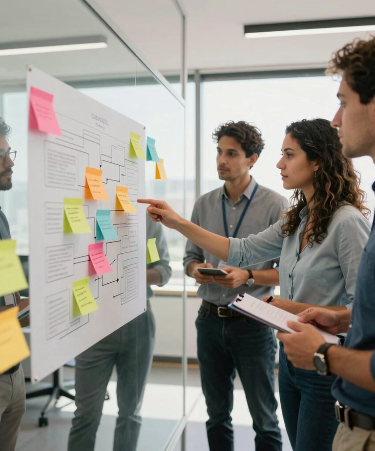 A group of Brazilian tech professionals collaborating in a brightly lit, modern office space. They are gathered around a glass whiteboard covered in colorful post-its and story mapping diagrams. Natural light, professional attire.