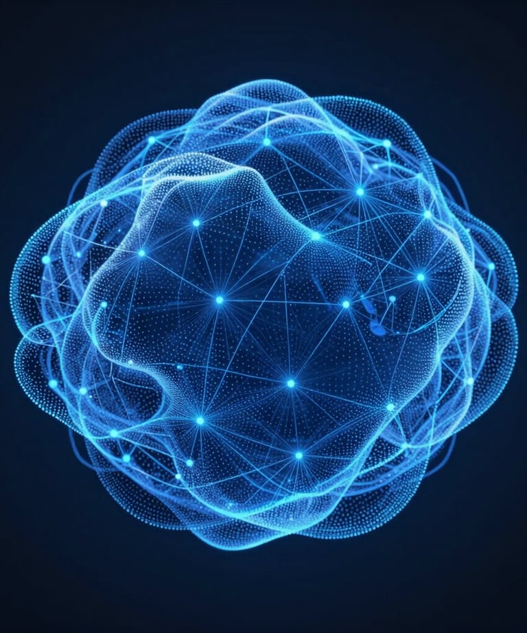 An abstract photography of a digital cloud of points forming a sphere, illuminated in royal blue and pale blue. Represents AI and neural networks. Dark, professional background.