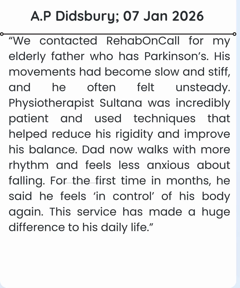 Patient review about physiotherapy service after their recovery journey.
