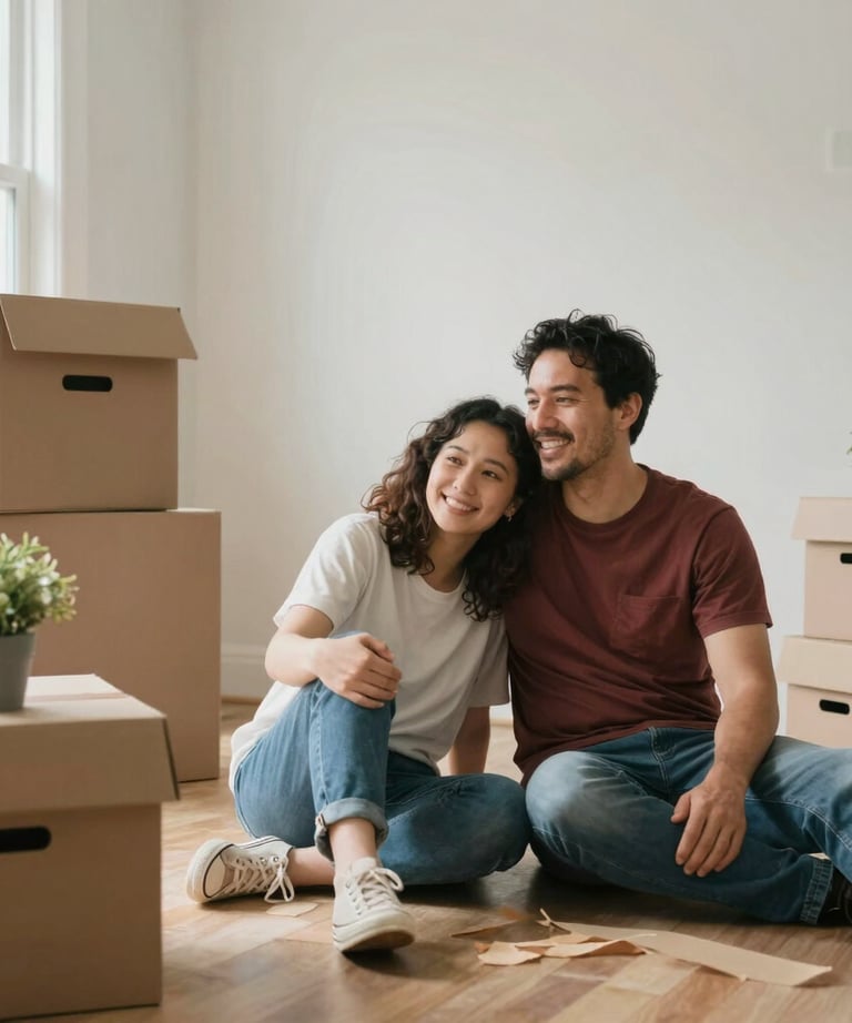 A smiling family unpacking in their new home after a long-distance move.