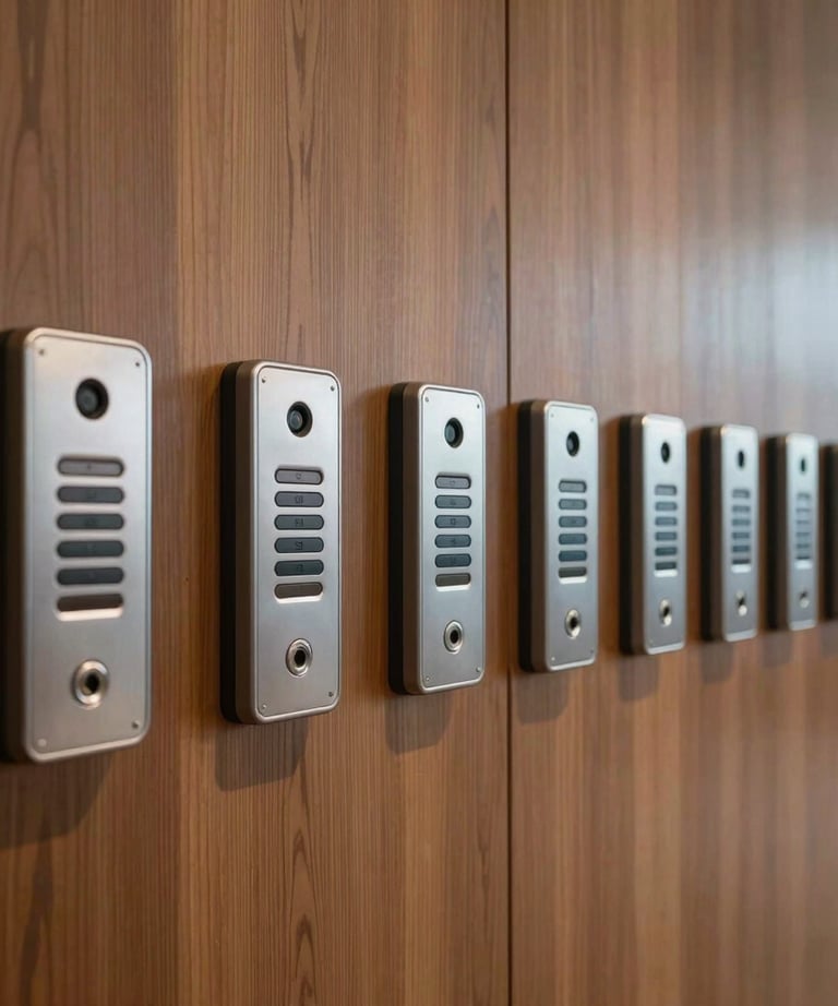 A row of modern, silver key-card readers installed along a sleek wooden paneled wall in a North American corporate lobby. The lighting is soft and warm.